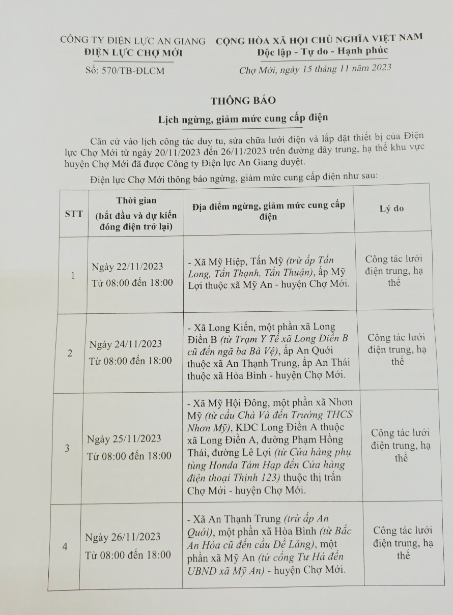 THÔNG BÁO LỊCH NGỪNG, GIẢM MỨC CUNG CẤP ĐIỆN