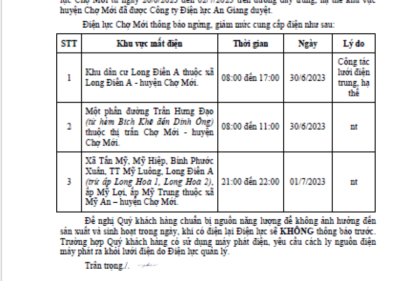 Lịch cắt điện ngày 30/6/2023