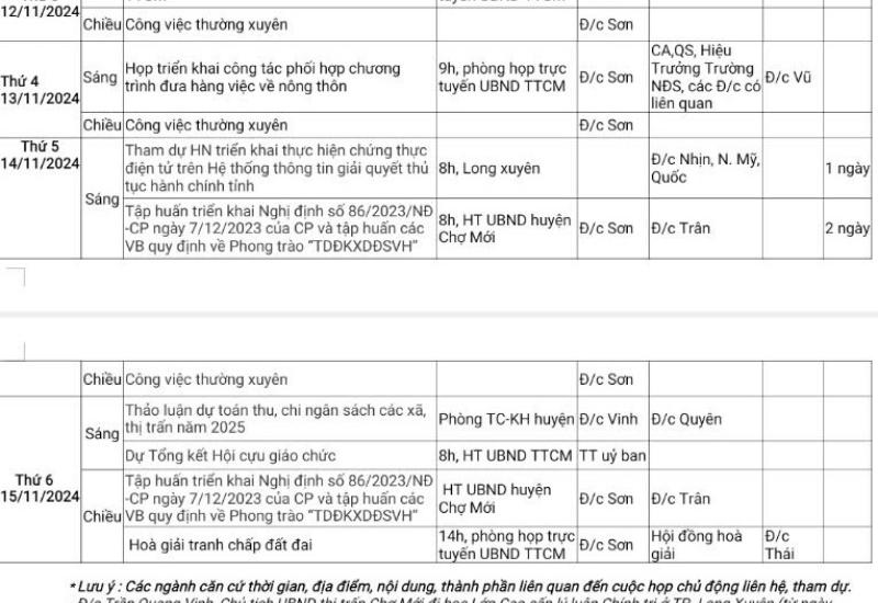 THÔNG BÁO LỊCH LÀM VIỆC TUẦN CỦA UBND THỊ TRẤN CHỢ MỚI